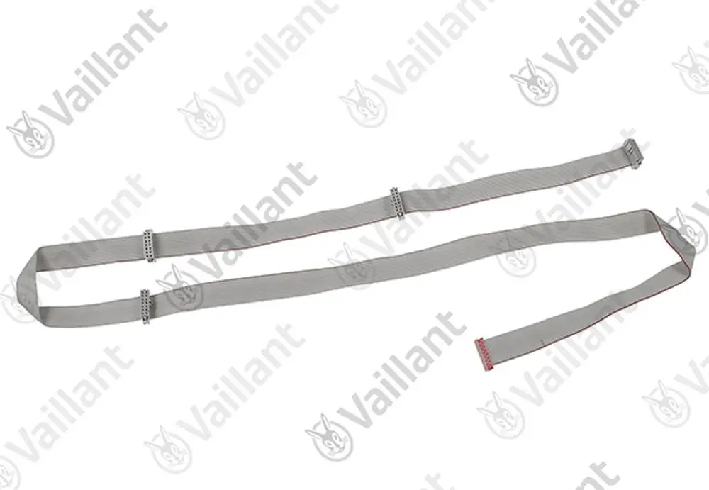 Flachbandkabel von Vaillant in grauer Farbe, mit Verbindungssteckern an beiden Enden und zwei zusätzlichen Halterungen in der Mitte.